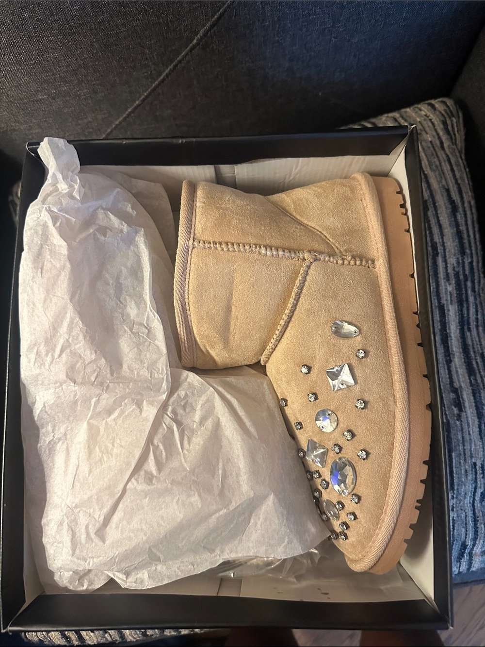 Crystal-Embellished Tan Suede Ankle Booties